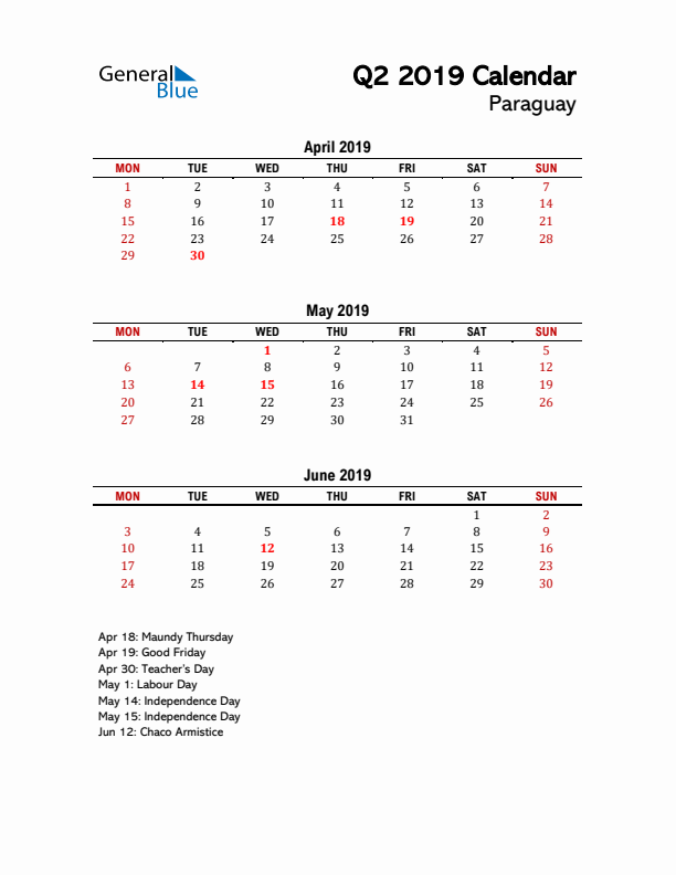 2019 Q2 Calendar with Holidays List for Paraguay