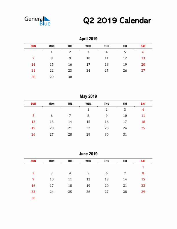 2019 Q2 Calendar with Red Weekend