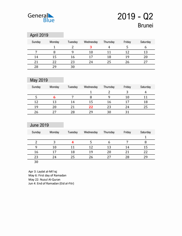 Brunei Quarter 2 2019 Calendar with Holidays