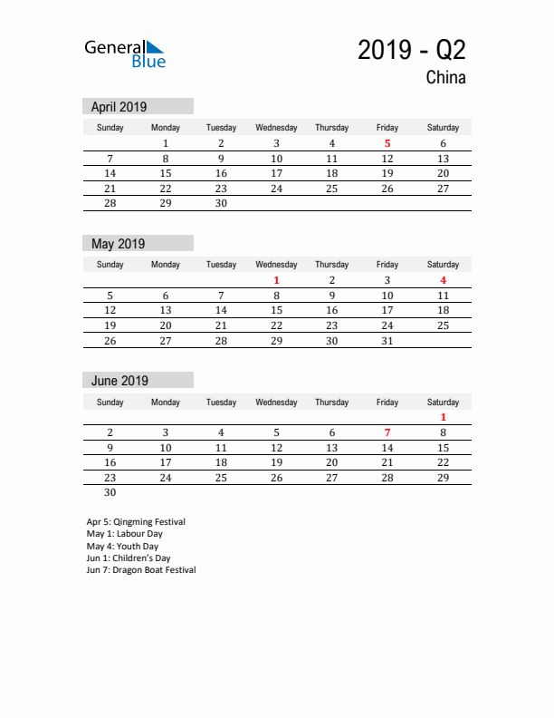 China Quarter 2 2019 Calendar with Holidays
