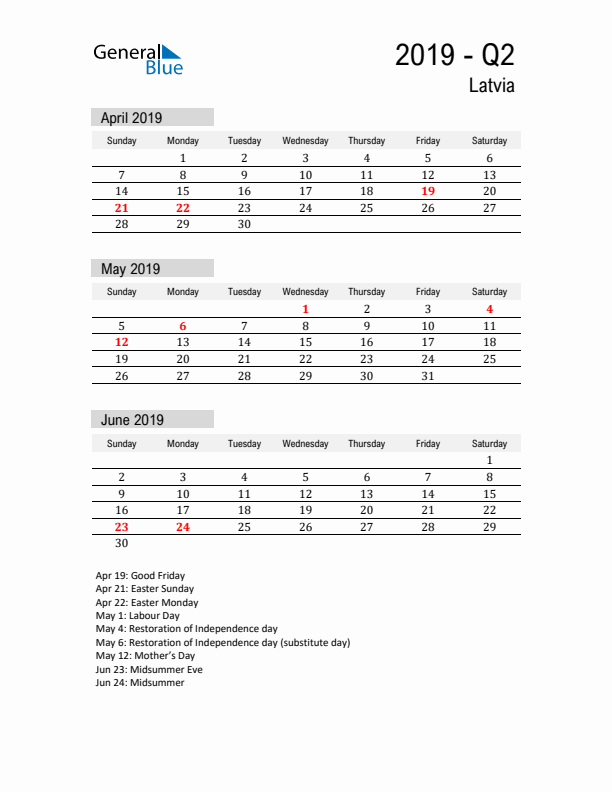 Latvia Quarter 2 2019 Calendar with Holidays