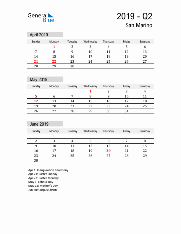 San Marino Quarter 2 2019 Calendar with Holidays