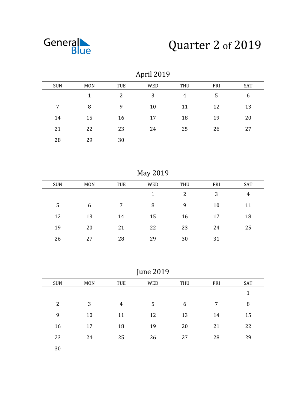  2019 Three-Month Calendar