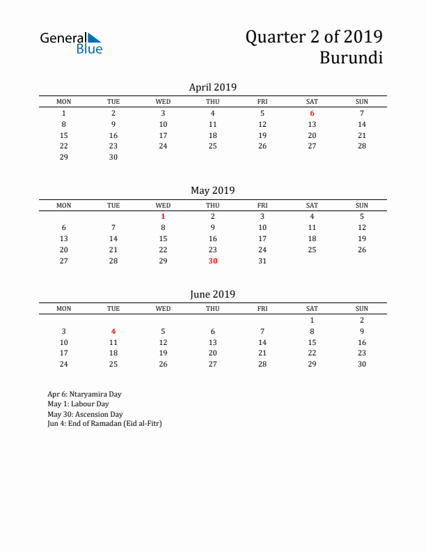 Quarter 2 2019 Burundi Quarterly Calendar