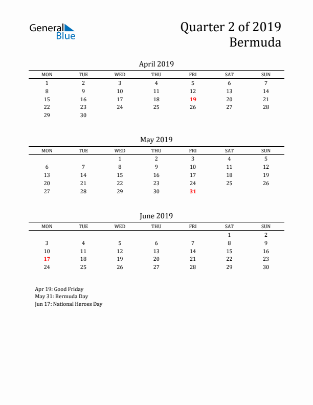 Quarter 2 2019 Bermuda Quarterly Calendar