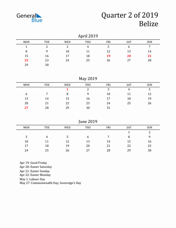 Quarter 2 2019 Belize Quarterly Calendar