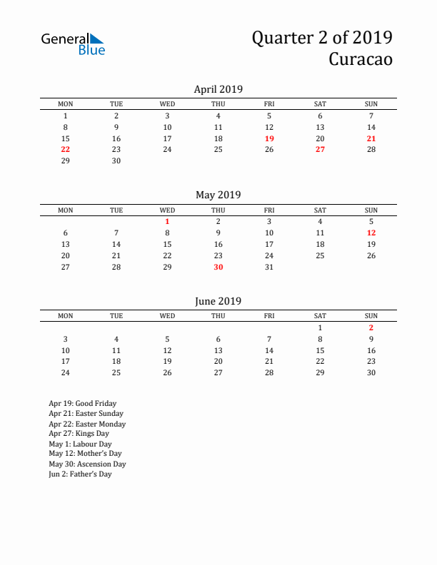 Quarter 2 2019 Curacao Quarterly Calendar