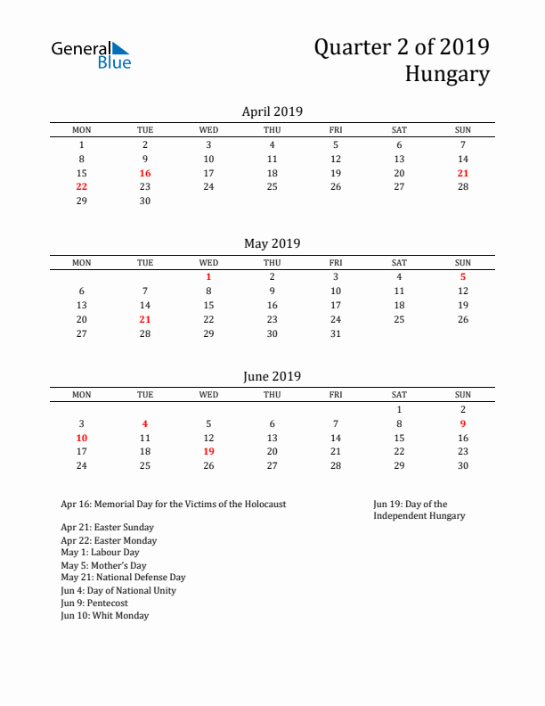 Quarter 2 2019 Hungary Quarterly Calendar