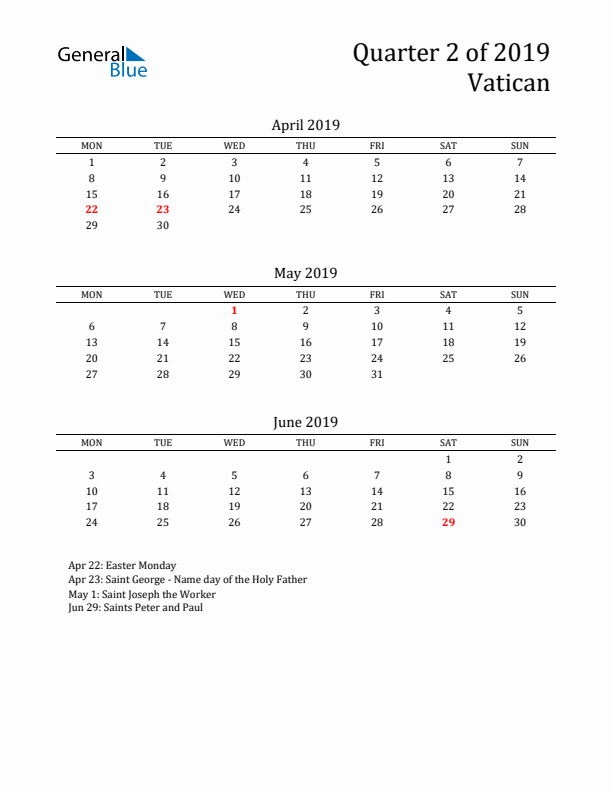 Quarter 2 2019 Vatican Quarterly Calendar