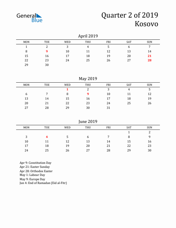 Quarter 2 2019 Kosovo Quarterly Calendar