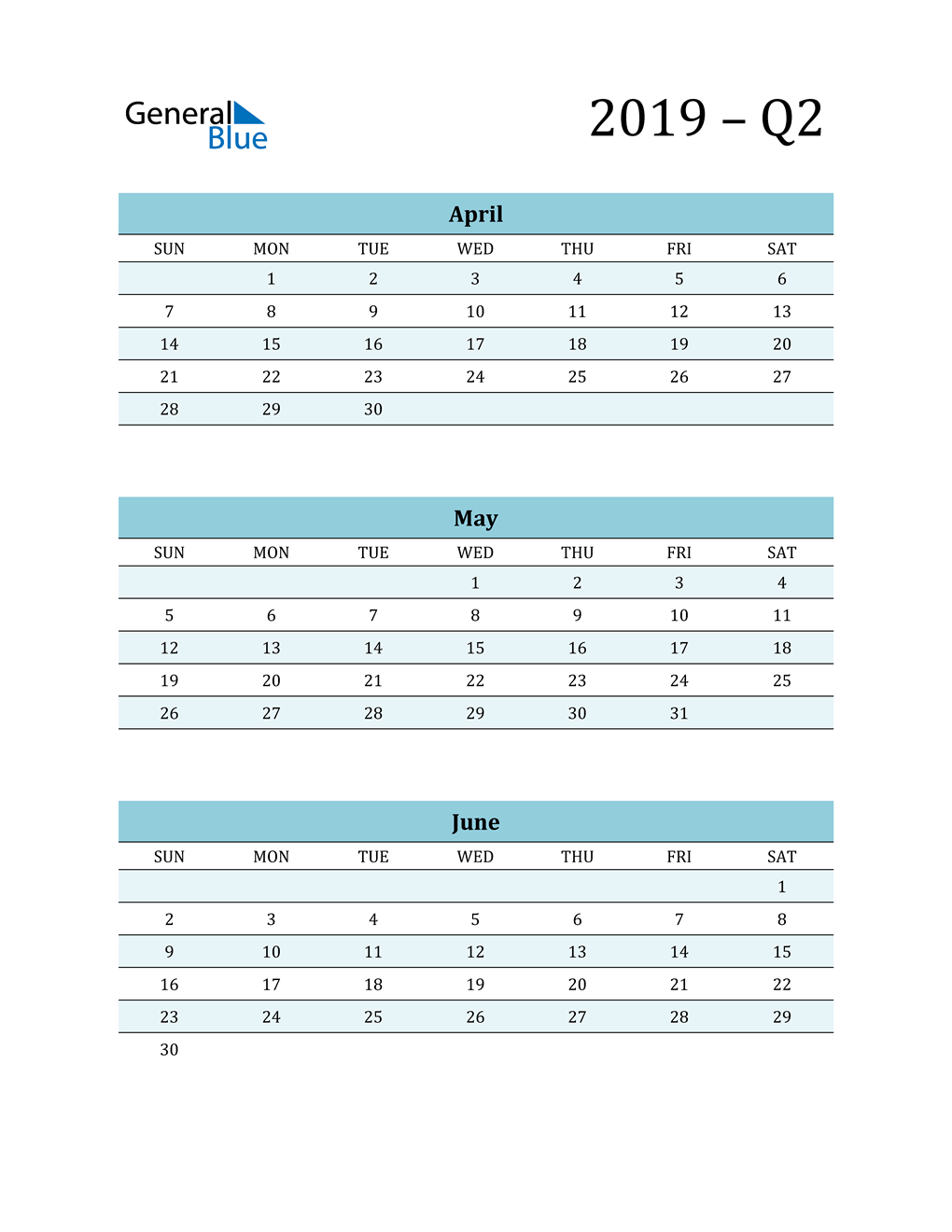  April, May, and June 2019 Calendar
