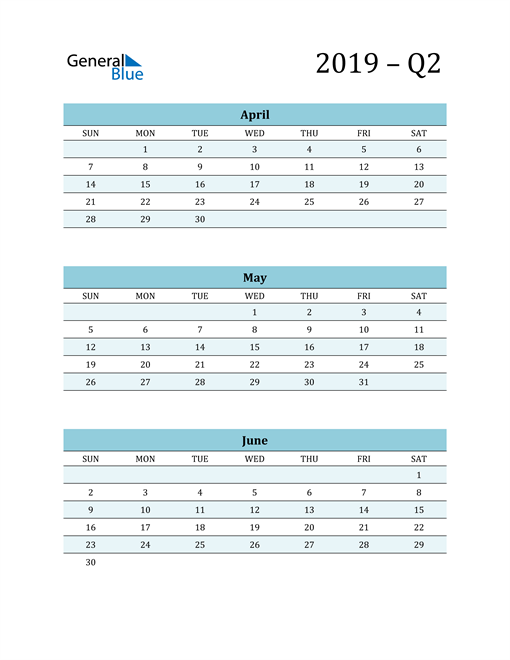  April, May, and June 2019 Calendar