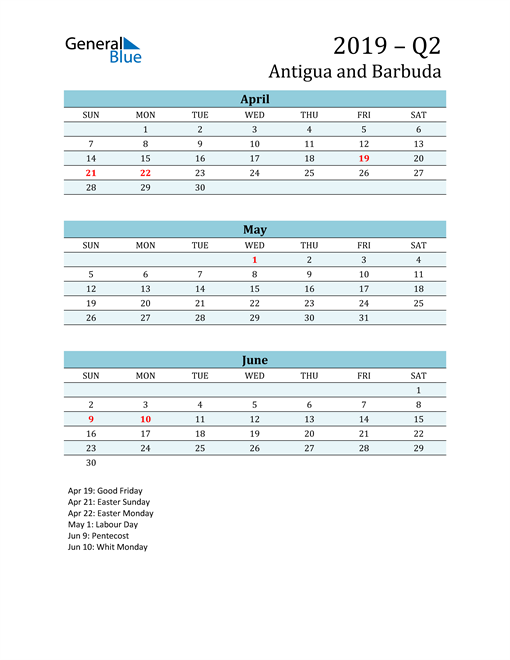  Three-Month Planner for Q2 2019 with Holidays