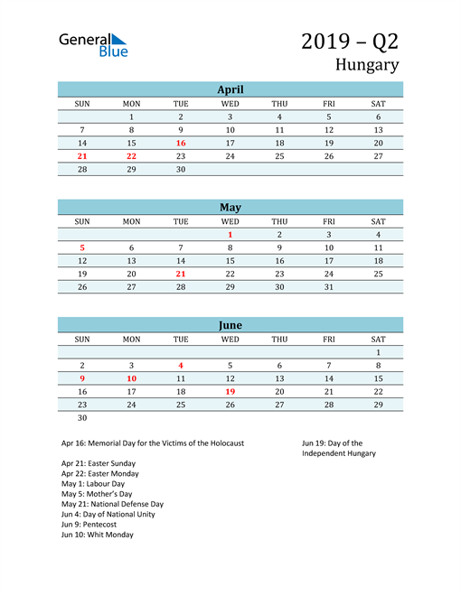  Three-Month Planner for Q2 2019 with Holidays