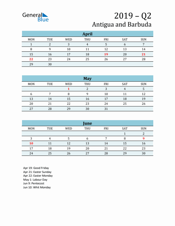 Three-Month Planner for Q2 2019 with Holidays - Antigua and Barbuda