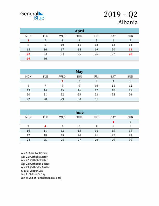 Three-Month Planner for Q2 2019 with Holidays - Albania