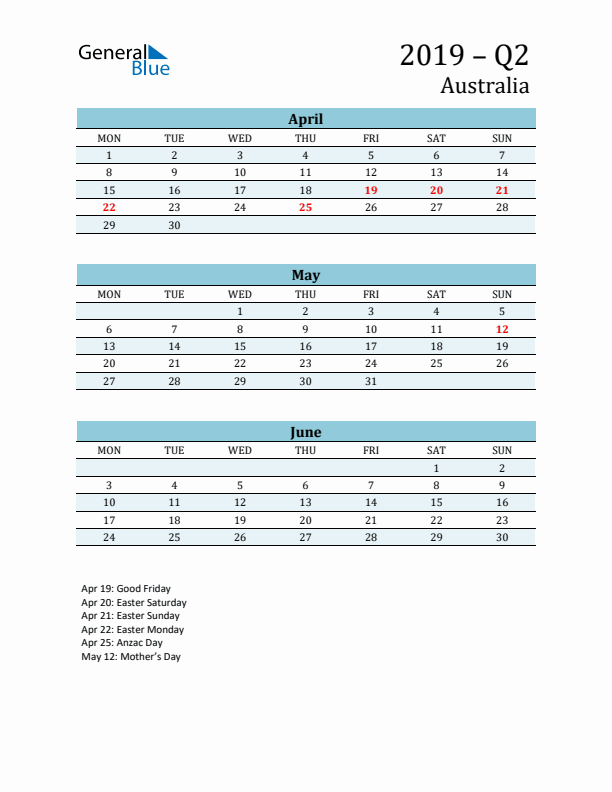 Three-Month Planner for Q2 2019 with Holidays - Australia