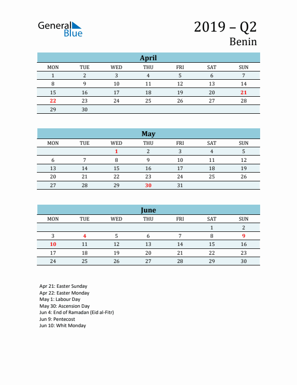 Three-Month Planner for Q2 2019 with Holidays - Benin