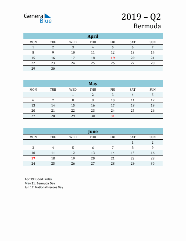 Three-Month Planner for Q2 2019 with Holidays - Bermuda