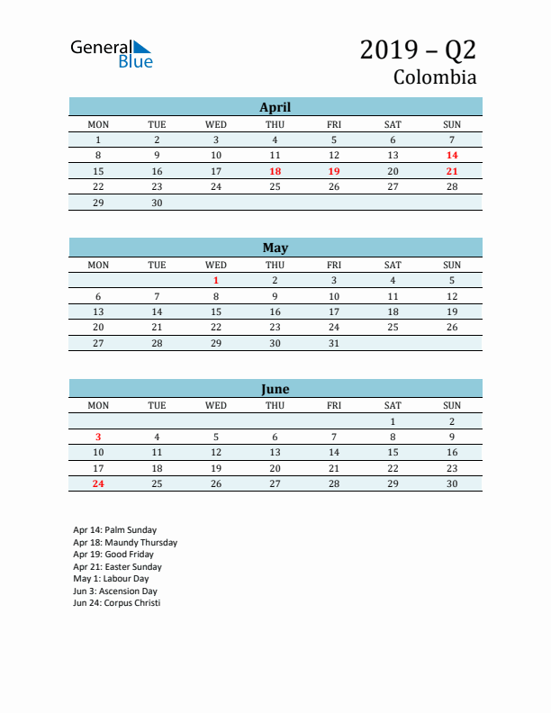 Three-Month Planner for Q2 2019 with Holidays - Colombia