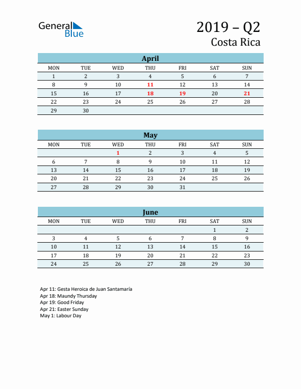 Three-Month Planner for Q2 2019 with Holidays - Costa Rica