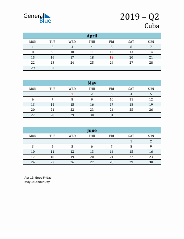 Three-Month Planner for Q2 2019 with Holidays - Cuba