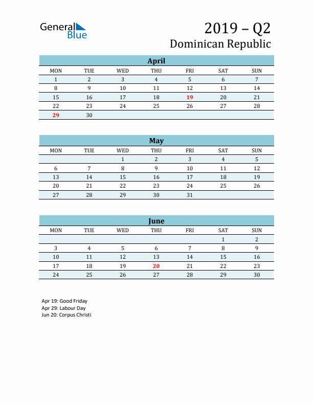 Three-Month Planner for Q2 2019 with Holidays - Dominican Republic