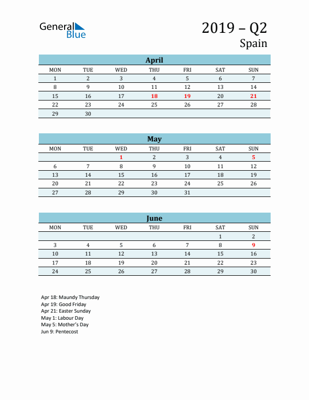 Three-Month Planner for Q2 2019 with Holidays - Spain