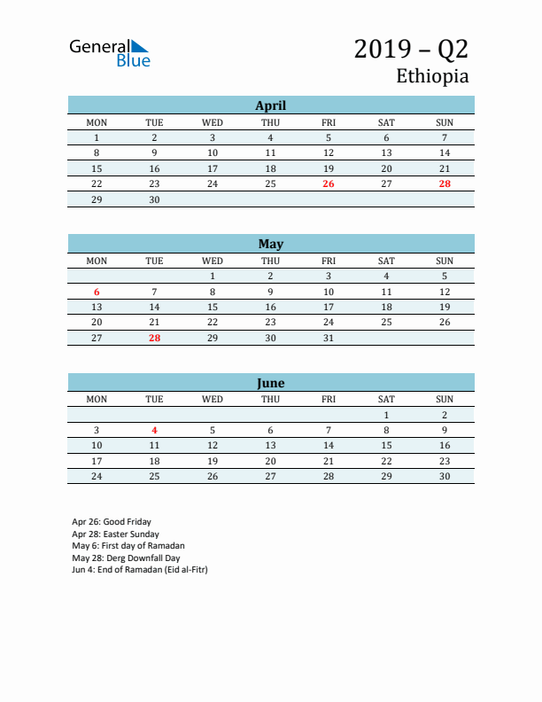 Three-Month Planner for Q2 2019 with Holidays - Ethiopia