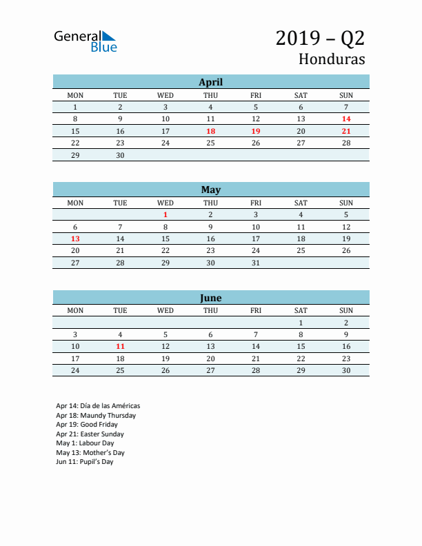 Three-Month Planner for Q2 2019 with Holidays - Honduras