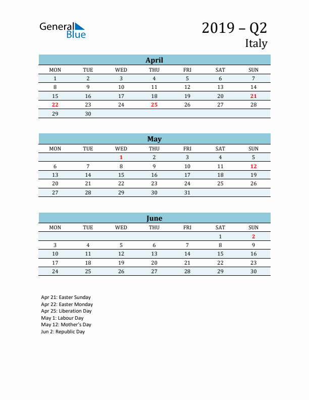 Three-Month Planner for Q2 2019 with Holidays - Italy