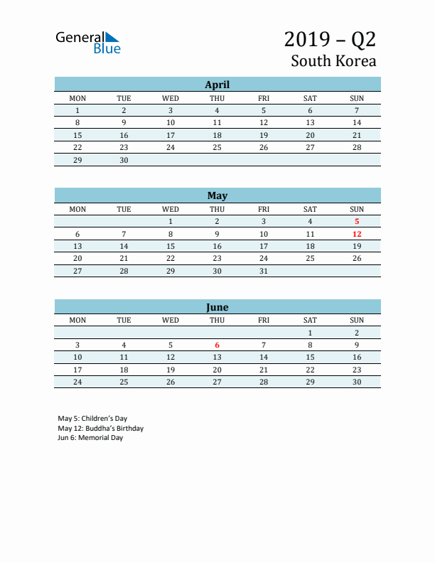 Three-Month Planner for Q2 2019 with Holidays - South Korea