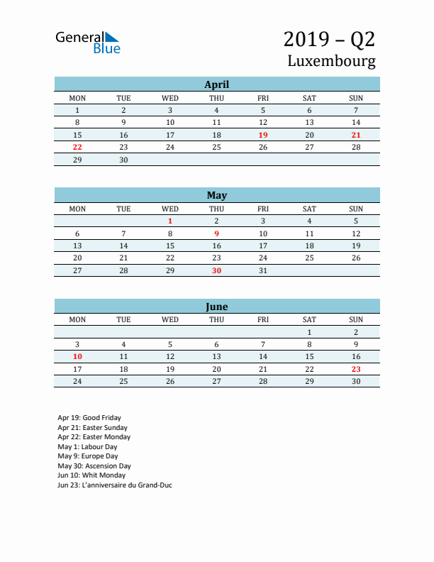 Three-Month Planner for Q2 2019 with Holidays - Luxembourg