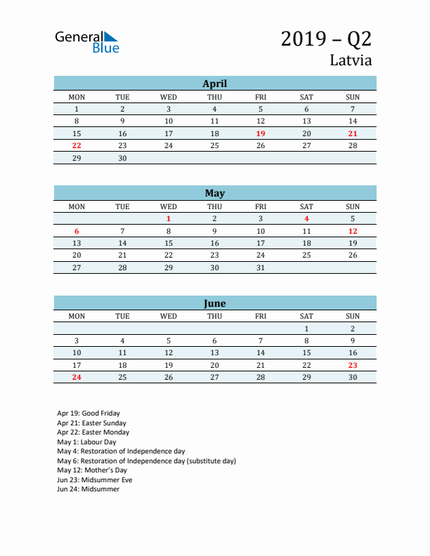 Three-Month Planner for Q2 2019 with Holidays - Latvia