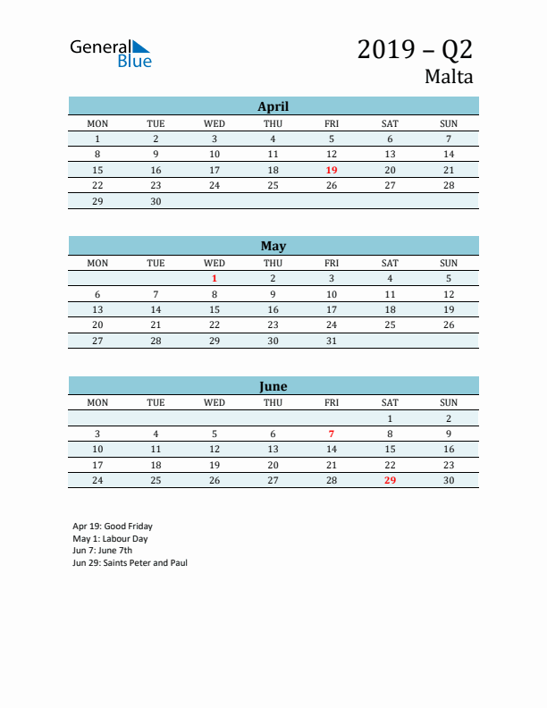 Three-Month Planner for Q2 2019 with Holidays - Malta