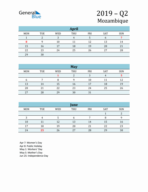 Three-Month Planner for Q2 2019 with Holidays - Mozambique