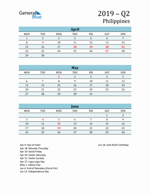 Three-Month Planner for Q2 2019 with Holidays - Philippines