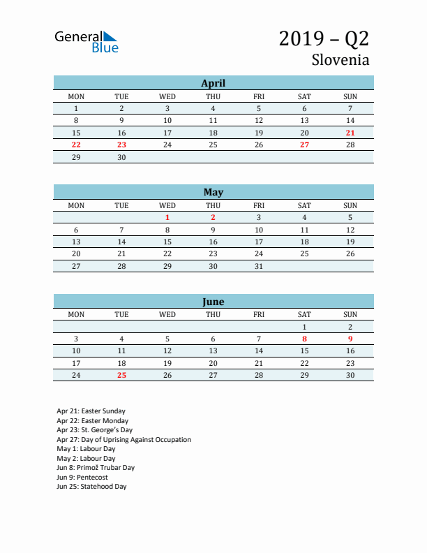 Three-Month Planner for Q2 2019 with Holidays - Slovenia
