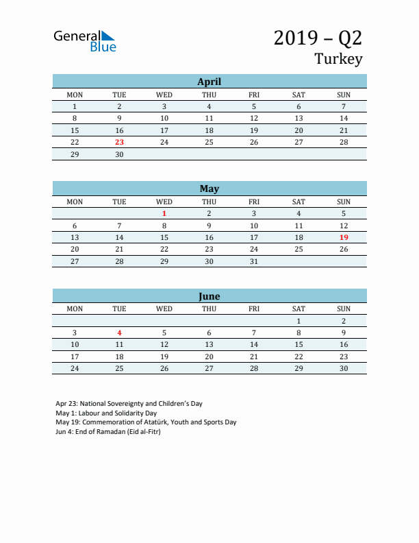 Three-Month Planner for Q2 2019 with Holidays - Turkey