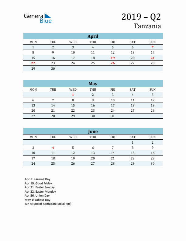 Three-Month Planner for Q2 2019 with Holidays - Tanzania