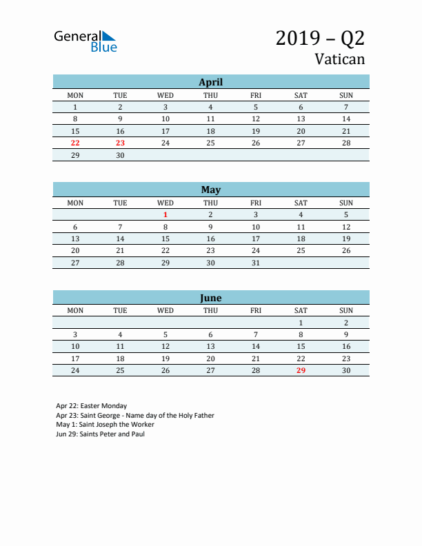 Three-Month Planner for Q2 2019 with Holidays - Vatican
