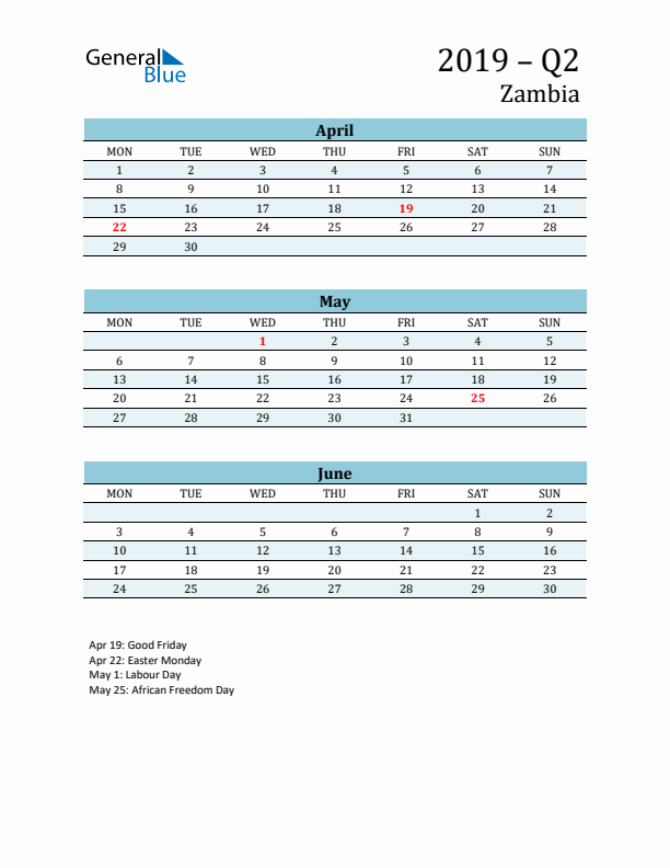 Three-Month Planner for Q2 2019 with Holidays - Zambia