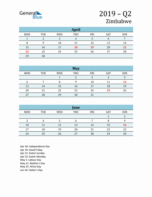 Three-Month Planner for Q2 2019 with Holidays - Zimbabwe
