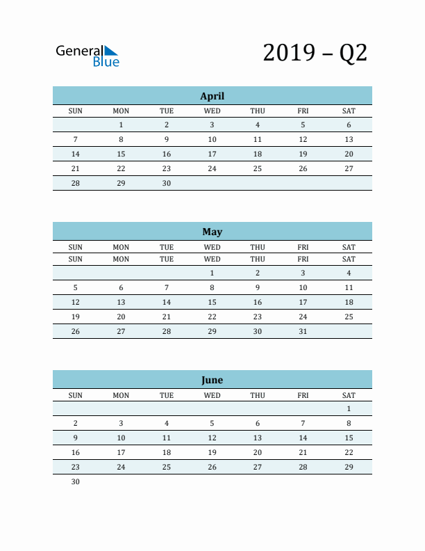 April, May, and June 2019 Calendar