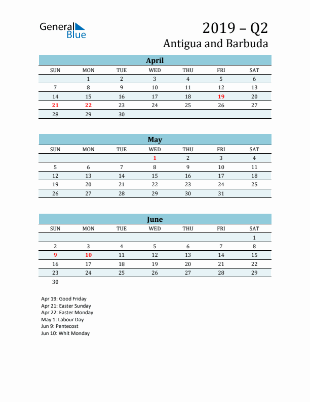 Three-Month Planner for Q2 2019 with Holidays - Antigua and Barbuda