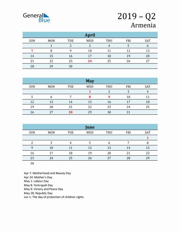 Three-Month Planner for Q2 2019 with Holidays - Armenia
