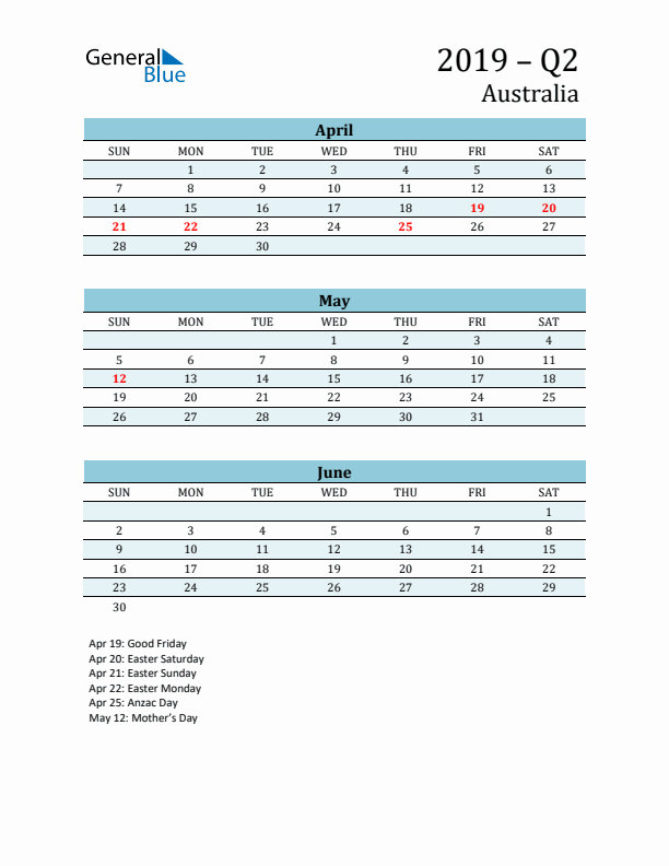 Three-Month Planner for Q2 2019 with Holidays - Australia