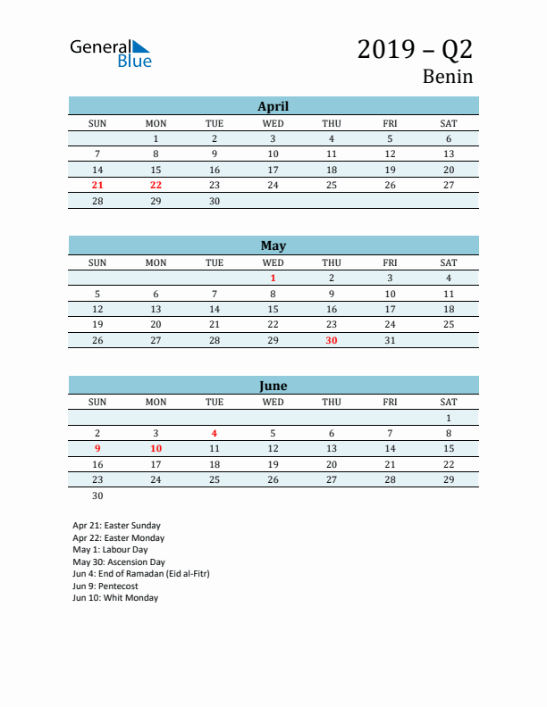 Three-Month Planner for Q2 2019 with Holidays - Benin