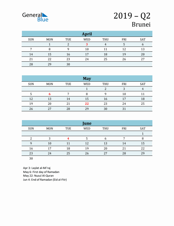 Three-Month Planner for Q2 2019 with Holidays - Brunei