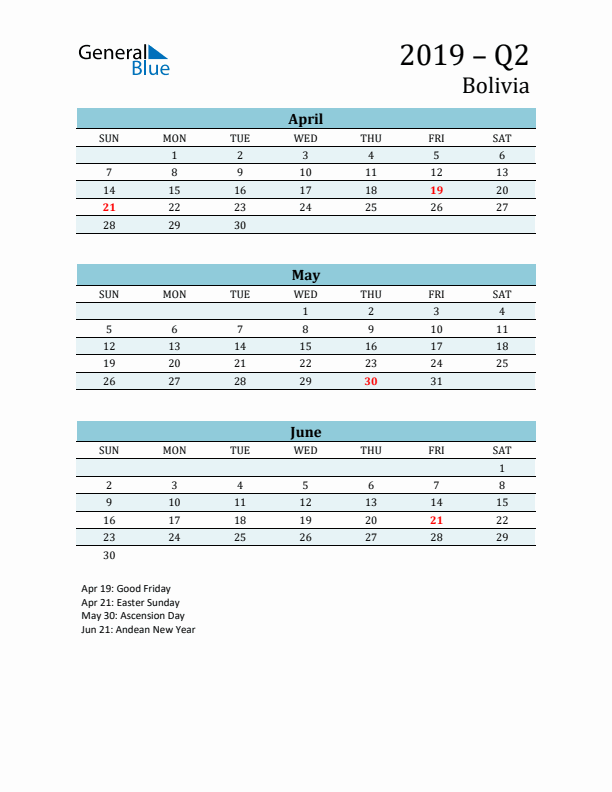 Three-Month Planner for Q2 2019 with Holidays - Bolivia
